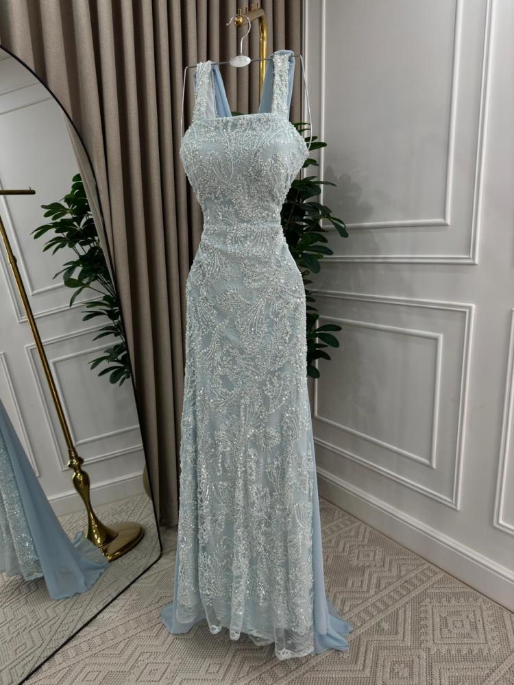 Evening dress in sky blue color, raw material, taffeta, lined with lace embroidery and chiffon from Jewelery LS store