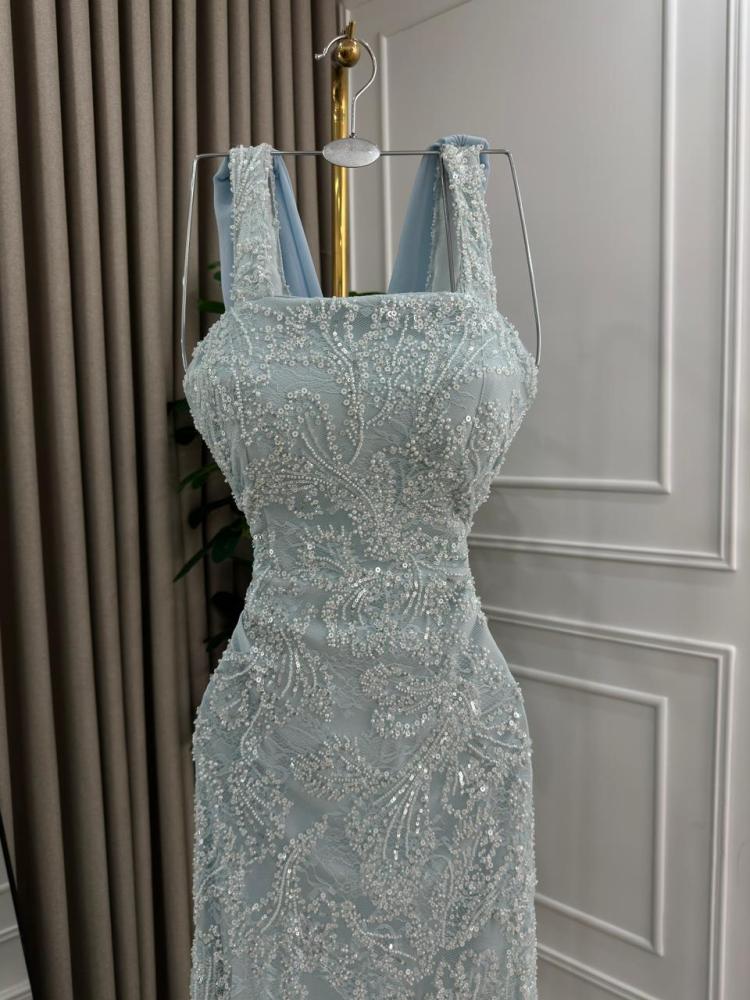 Evening dress in sky blue color, raw material, taffeta, lined with lace embroidery and chiffon from Jewelery LS store