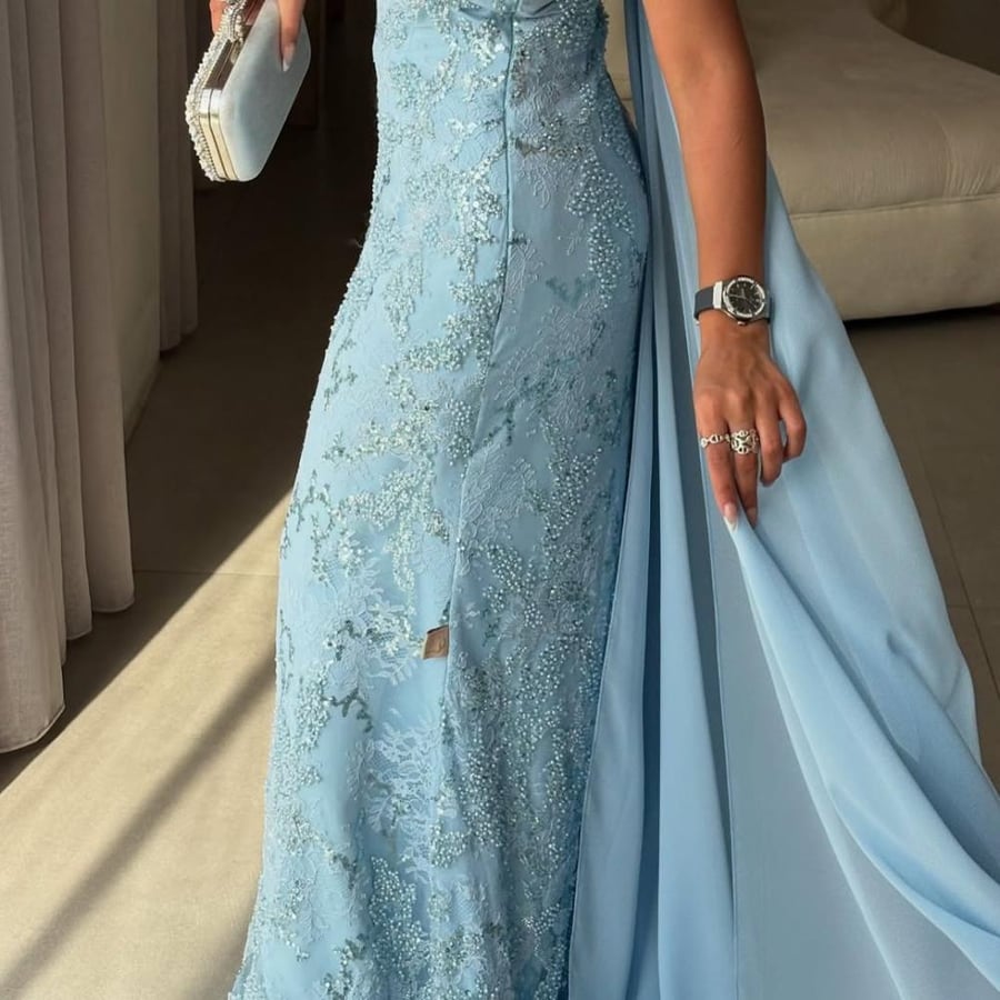 Evening dress in sky blue color, raw material, taffeta, lined with lace embroidery and chiffon from Jewelery LS store