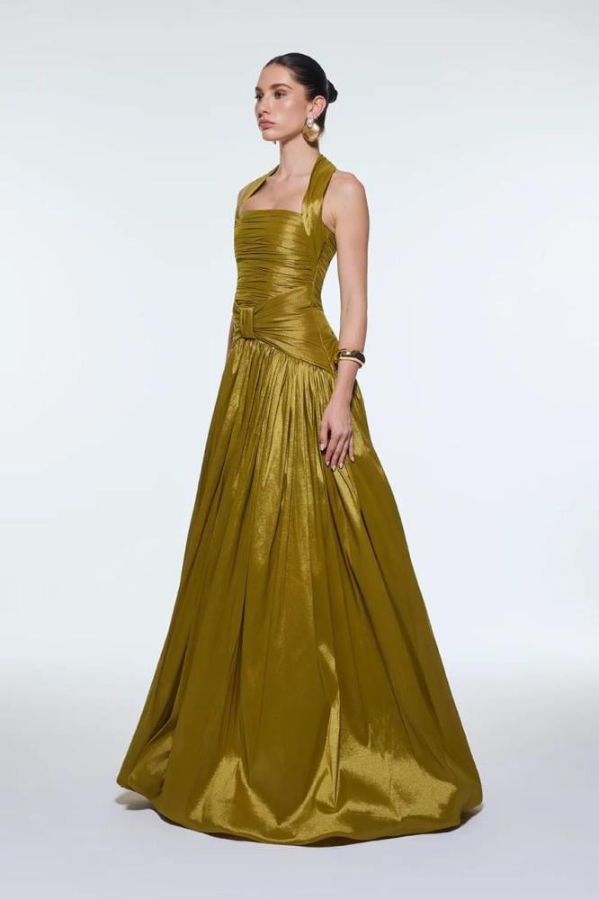Evening dress in camel color, double pleated, double pleated bag from Jewel store LF