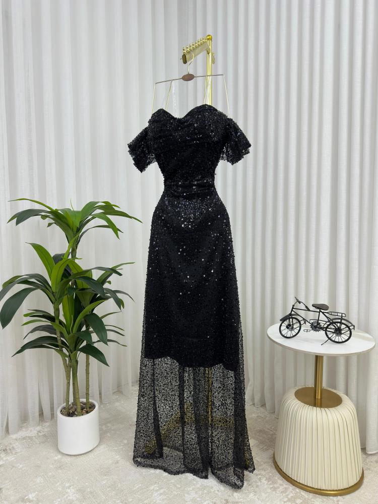 Evening dress black color fabric taffeta stretch sequined embroidered from Jewel store AR