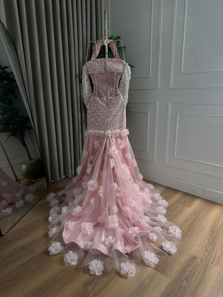 Evening dress in flesh color with beaded embroidery, crystal flower embroidery, cut lace, beaded tulle, tulle, from Jowhara MN D LA store