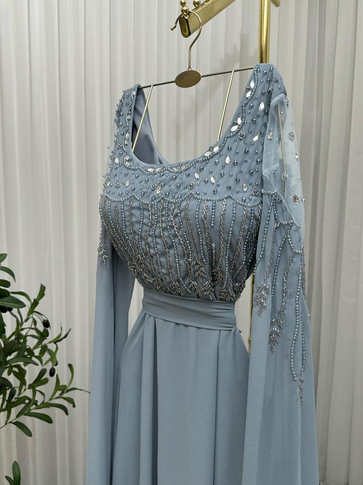 Evening dress, purple and sky blue colors, material chiffon georgette, hand embroidery, elegant LS