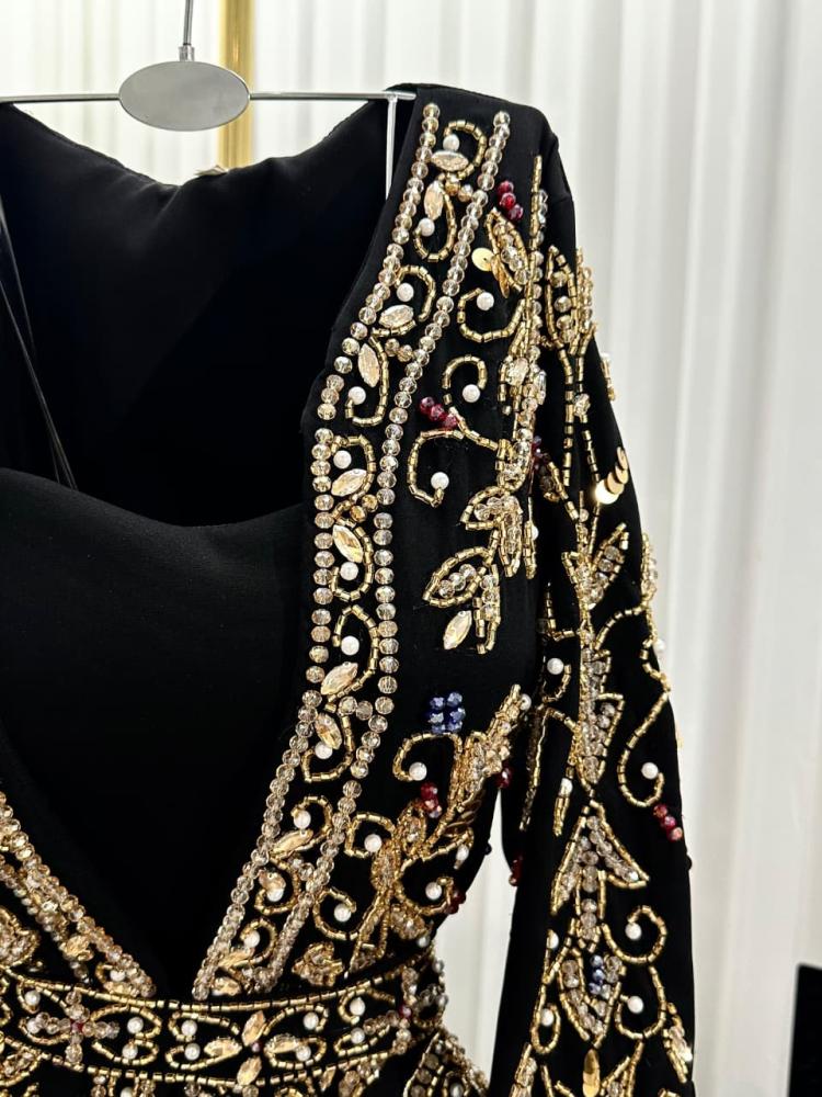 Evening dress black color hand embroidery elegant on fabric decorated with rhinestones and zircon stones from Jowhara LF MA store