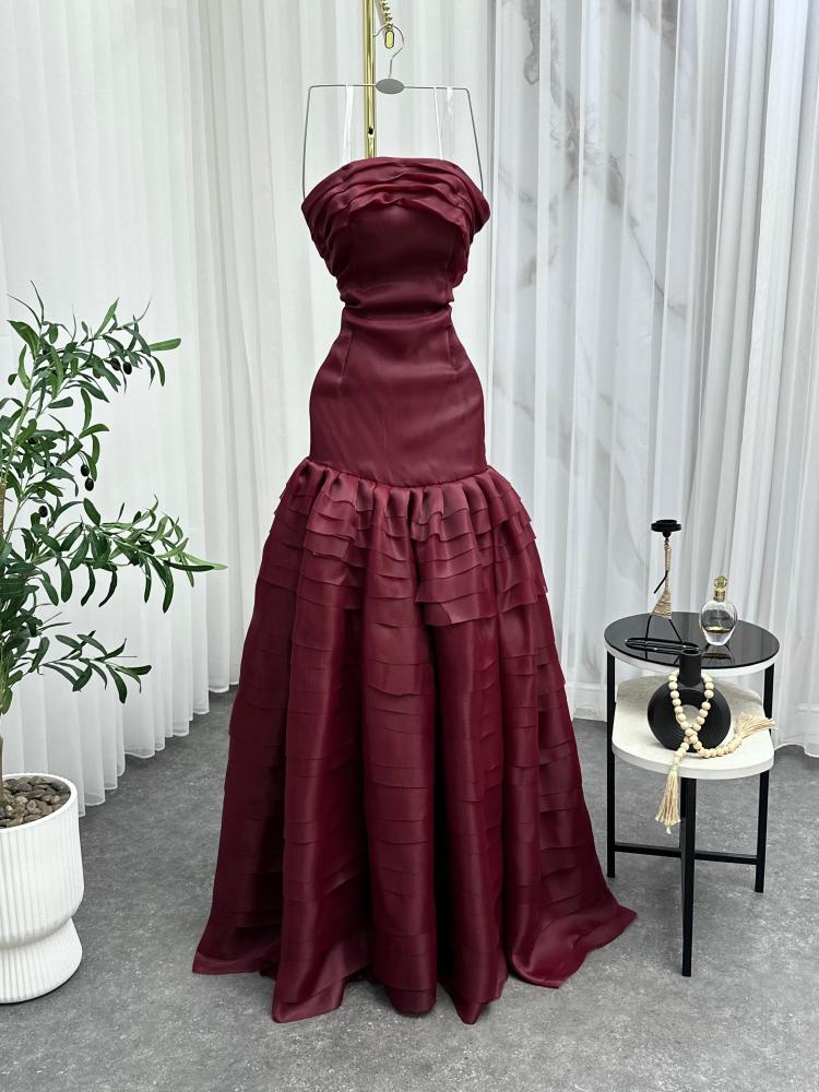 A rose-colored evening dress, fabric organza double flared twenty layers laser cut soft lining + Korean lining zipper rose color NW
