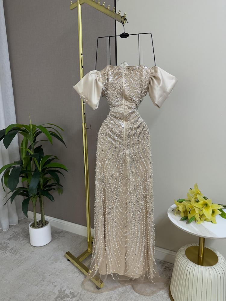 Evening dress in beige color, luxurious embroidery with beads and elegant rhinestones, with a soft lining, from Jouhara MN LV store
