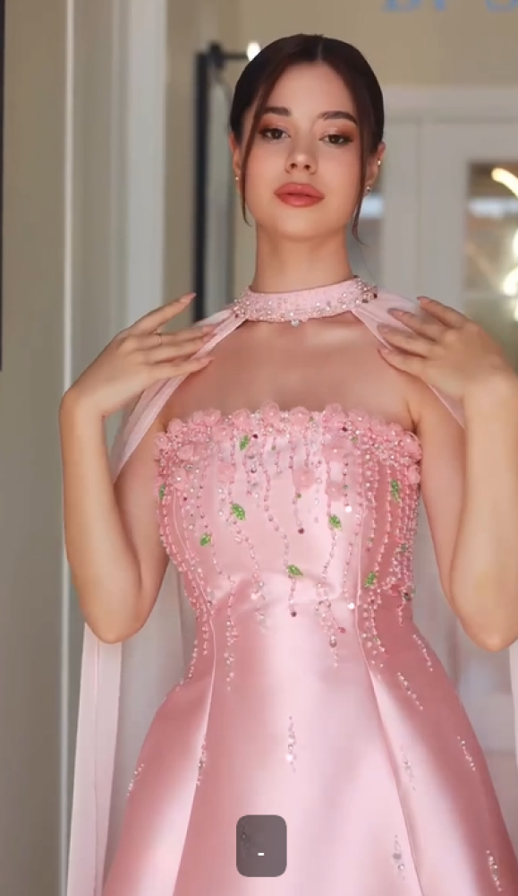 فستان سهره اللون وردي ميكادو بتطريز راقي ذيل شيفون   من متجر جوهره FH