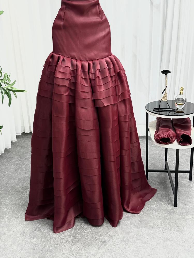A rose-colored evening dress, fabric organza double flared twenty layers laser cut soft lining + Korean lining zipper rose color NW