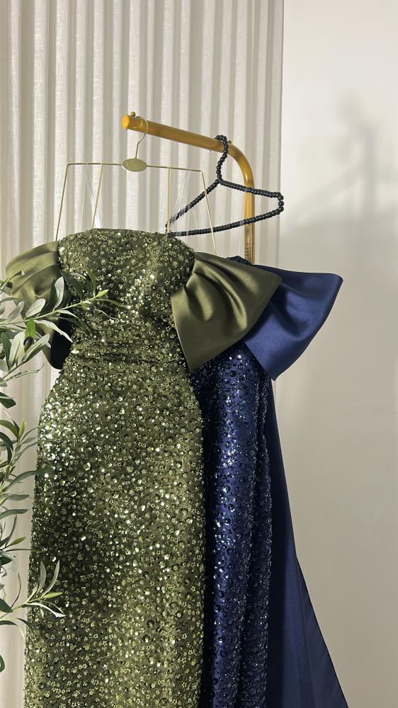 Elegant evening dress, emerald green, pink, navy blue, material Mikado, embroidery, beads, MN
