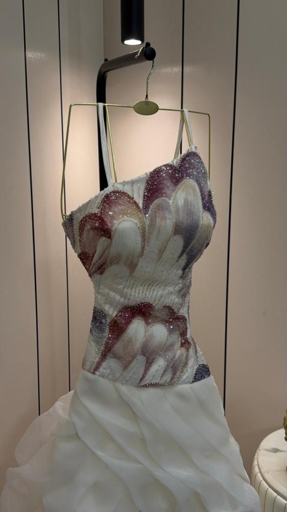 Evening dress white color elegant style on organza multiple layers double circle from Jewel TR store