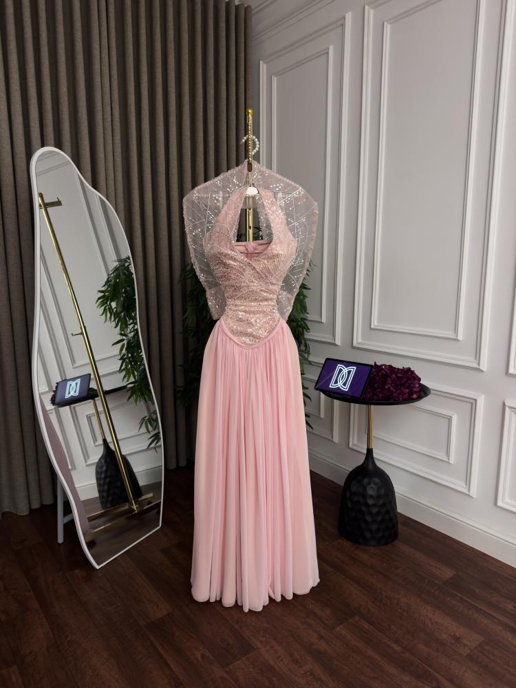 Evening dress pink color evening dress chest embroidery cost chiffon flared and jacket from Jewel D store