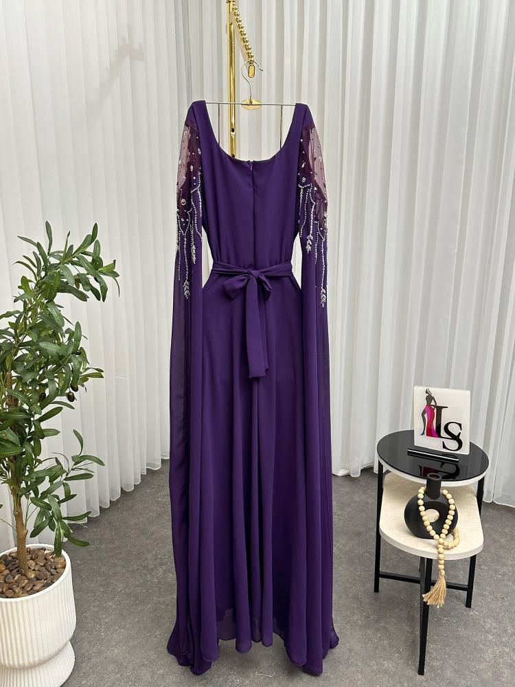 Evening dress, purple and sky blue colors, material chiffon georgette, hand embroidery, elegant LS