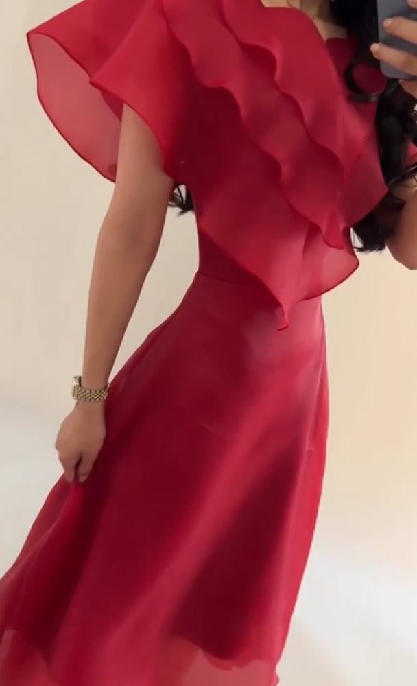 Soft short dress in colors (red - white) fabric Organza