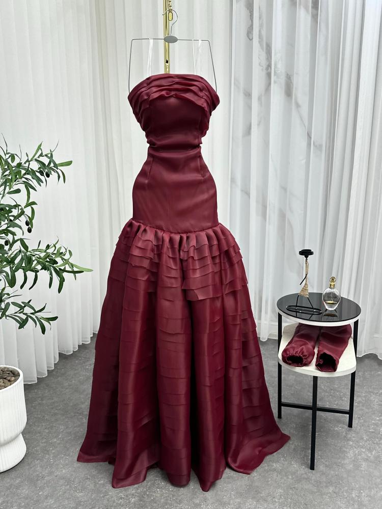 A rose-colored evening dress, fabric organza double flared twenty layers laser cut soft lining + Korean lining zipper rose color NW