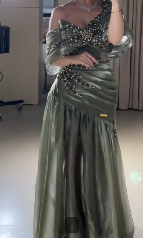 Evening dress green color fabric type organza shiny hand embroidery FR