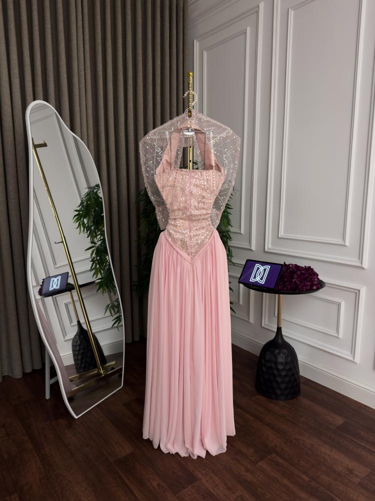 Evening dress pink color evening dress chest embroidery cost chiffon flared and jacket from Jewel D store