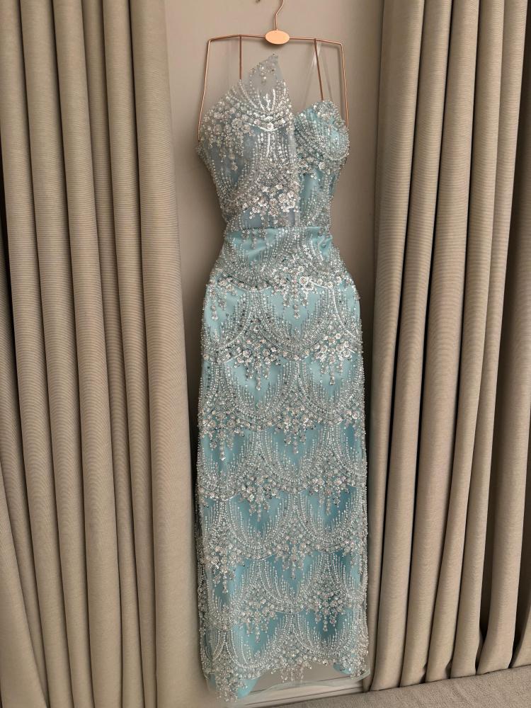Evening dress in sky blue color with beads and Barbie lining from Jowhara Store MN