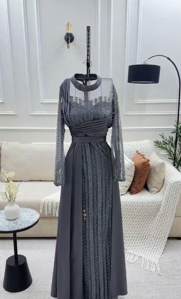 Evening dress, colors gray and navy, material chiffon, cost, question, evening MN