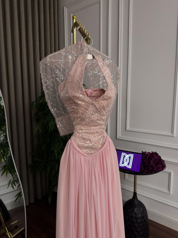 Evening dress pink color evening dress chest embroidery cost chiffon flared and jacket from Jewel D store