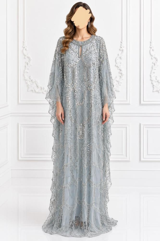 جلابية سهره اللون رمادي سهره شيفون تطريز يدوي فاخر وبطانة استرتش من متجر جوهره D