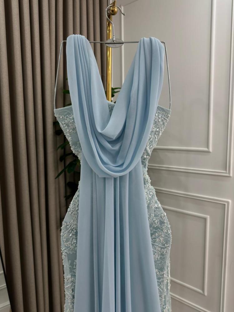 Evening dress in sky blue color, raw material, taffeta, lined with lace embroidery and chiffon from Jewelery LS store