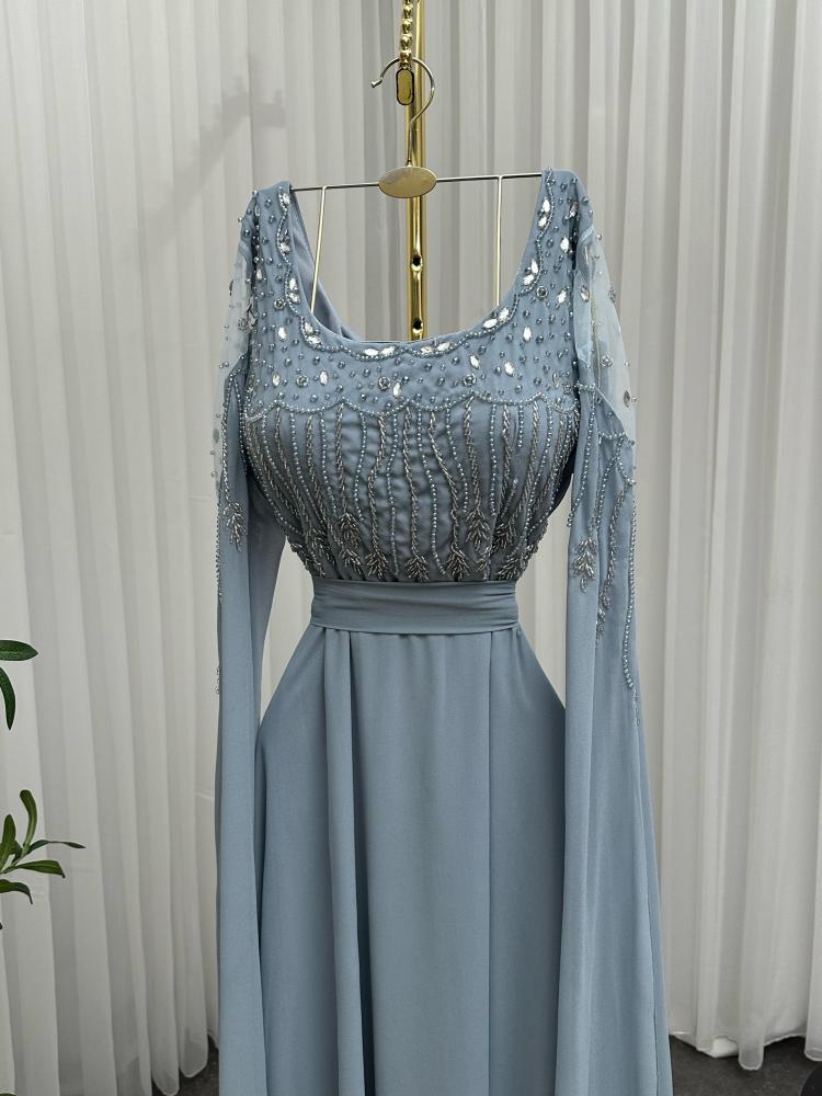 Evening dress, purple and sky blue colors, material chiffon georgette, hand embroidery, elegant LS