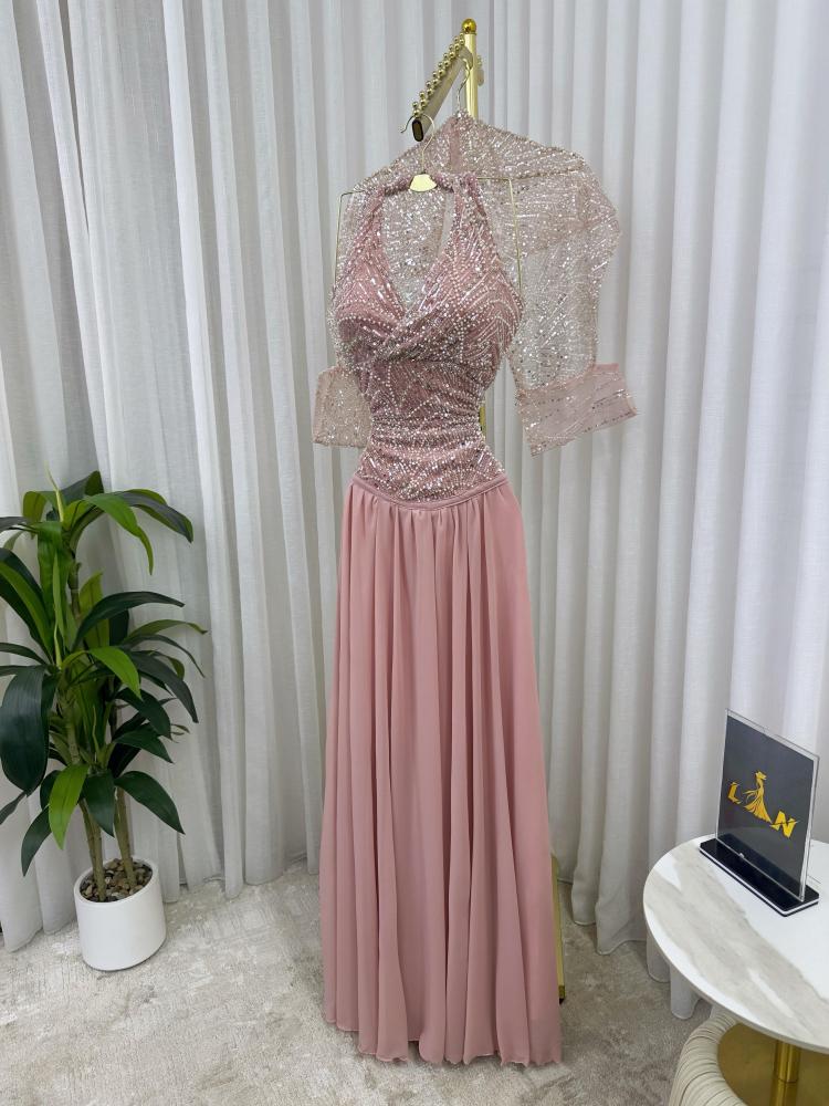 Evening dress pink color evening dress chest embroidery cost chiffon flared and jacket from Jewel D store