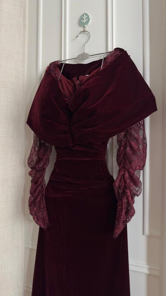 فستان سهره اللون  مخمل مع دانتيل متجر جوهره QN FH LA