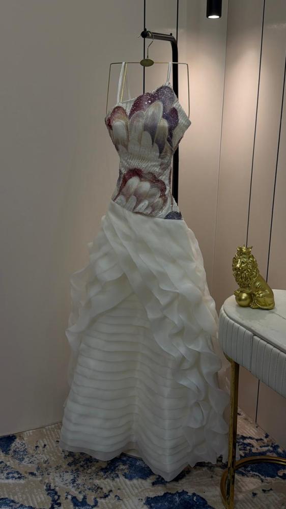 Evening dress white color elegant style on organza multiple layers double circle from Jewel TR store