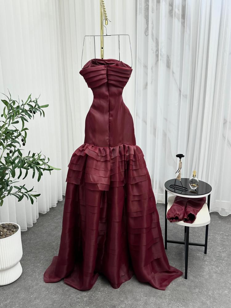 A rose-colored evening dress, fabric organza double flared twenty layers laser cut soft lining + Korean lining zipper rose color NW