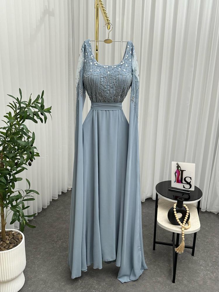 Evening dress, purple and sky blue colors, material chiffon georgette, hand embroidery, elegant LS