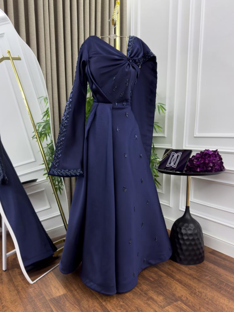 Evening dress Mikado embroidery color navy