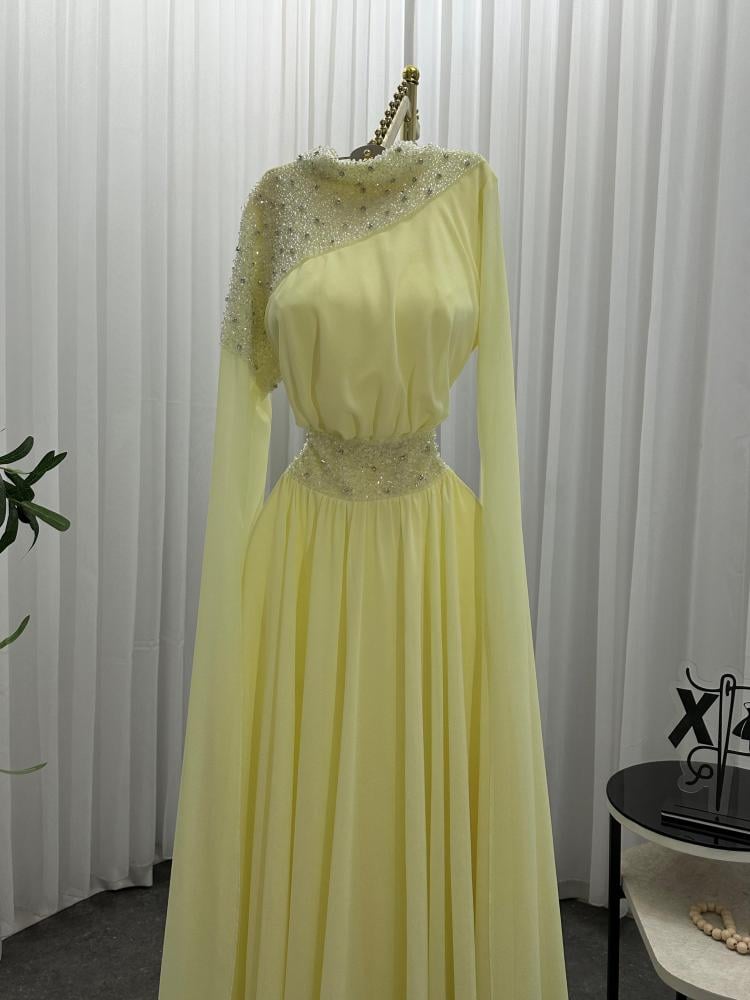 فستان سهره  اللون ليموني  شيفون جورجيت   من متجر جوهره X