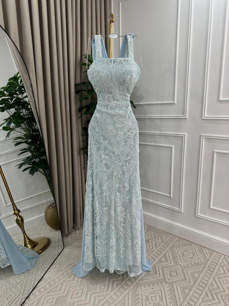 Evening dress in sky blue color, raw material, taffeta, lined with lace embroidery and chiffon from Jewelery LS store