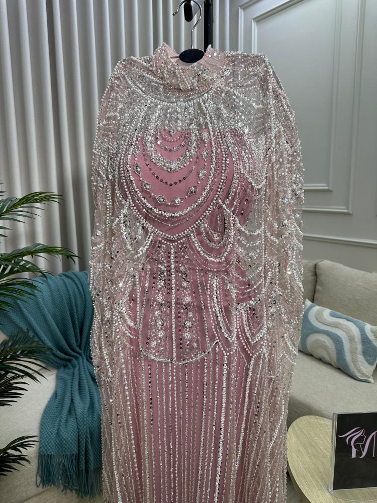 Evening dress in beige and black color, embroidered mesh with beads, and lining made of Barbie fabric, stretch lining from Jewel Store MN MA BS