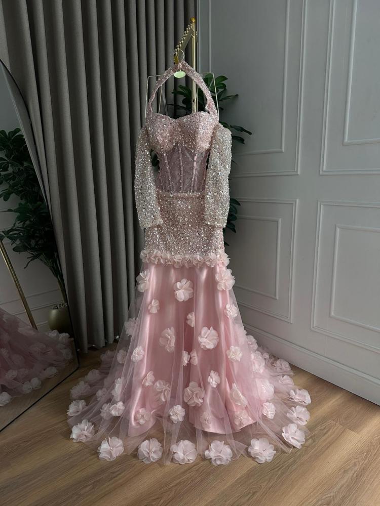 Evening dress in flesh color with beaded embroidery, crystal flower embroidery, cut lace, beaded tulle, tulle, from Jowhara MN D LA store