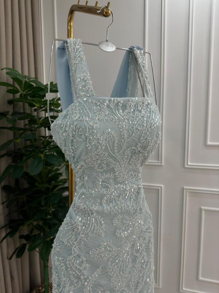 Evening dress in sky blue color, raw material, taffeta, lined with lace embroidery and chiffon from Jewelery LS store