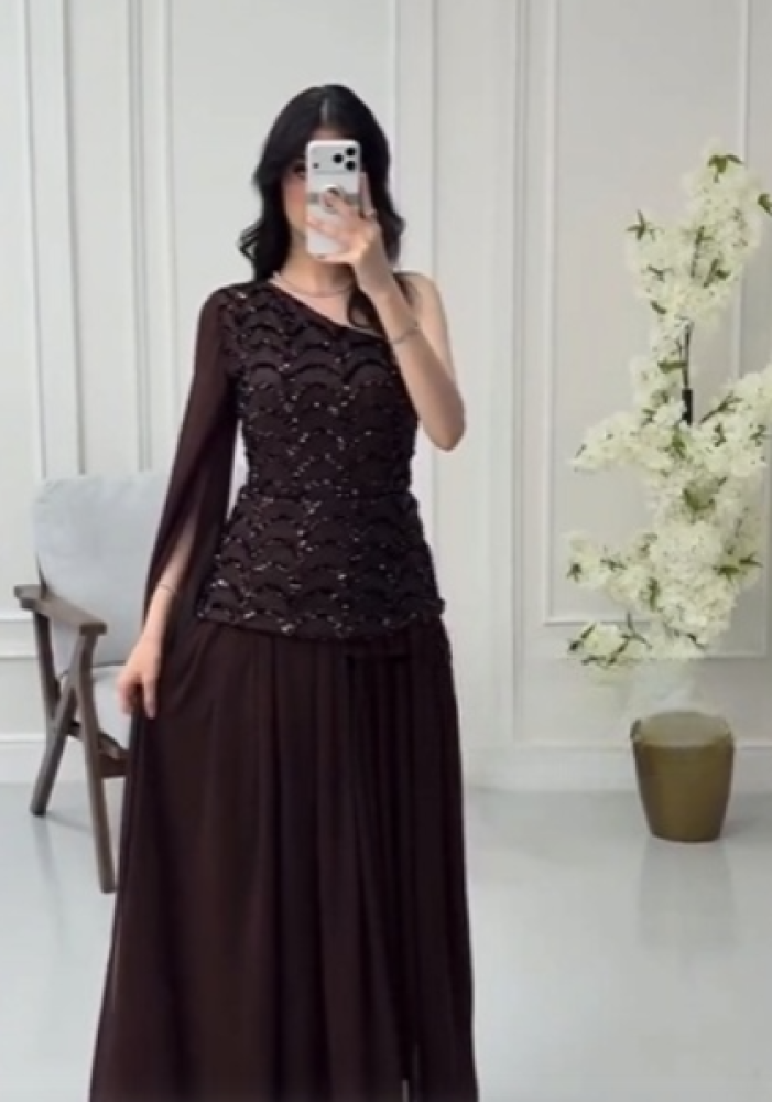 فستان سهره اللون  بني  شيفون قماش سهره  من متجر جوهره  NO