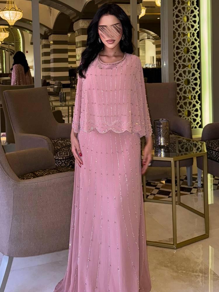 فستان سهره  اللون لحمي و اسود شيفون مطرز ومرصع بخرز وكرستال   من متجر جوهره AR