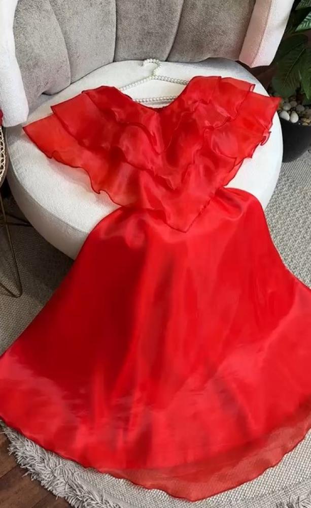Soft short dress in colors (red - white) fabric Organza