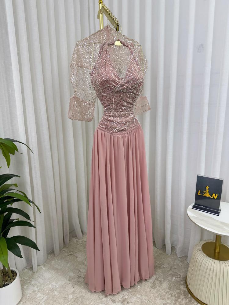 Evening dress pink color evening dress chest embroidery cost chiffon flared and jacket from Jewel D store
