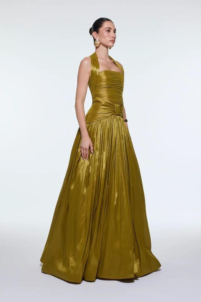 Evening dress in camel color, double pleated, double pleated bag from Jewel store LF
