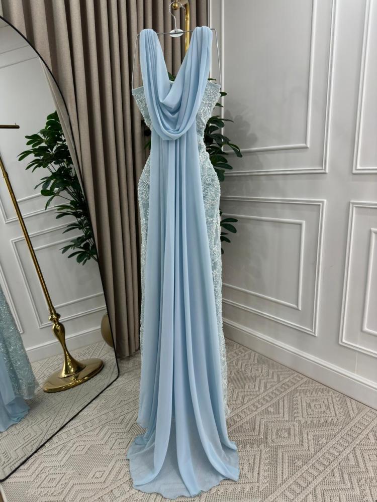 Evening dress in sky blue color, raw material, taffeta, lined with lace embroidery and chiffon from Jewelery LS store
