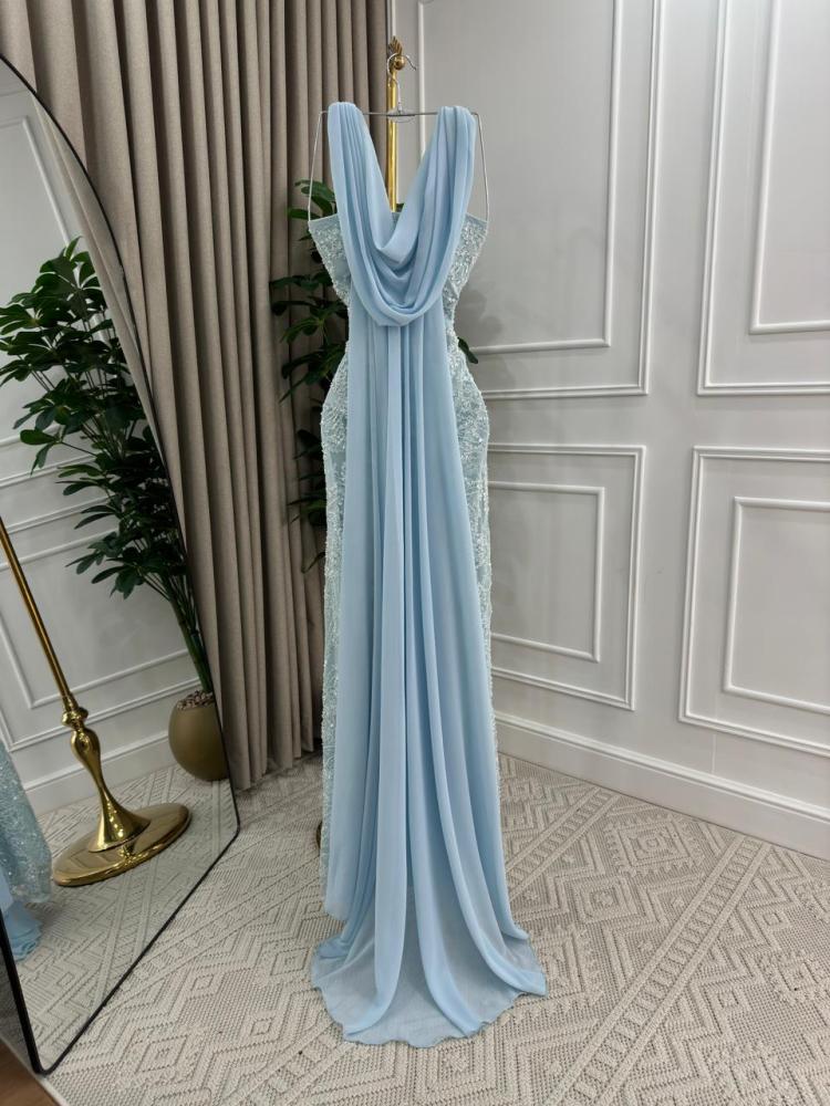 Evening dress in sky blue color, raw material, taffeta, lined with lace embroidery and chiffon from Jewelery LS store