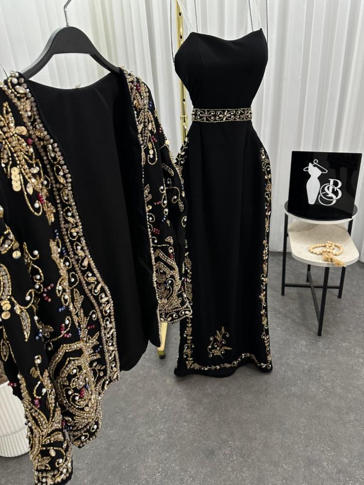 Evening dress black color hand embroidery elegant on fabric decorated with rhinestones and zircon stones from Jowhara LF MA store