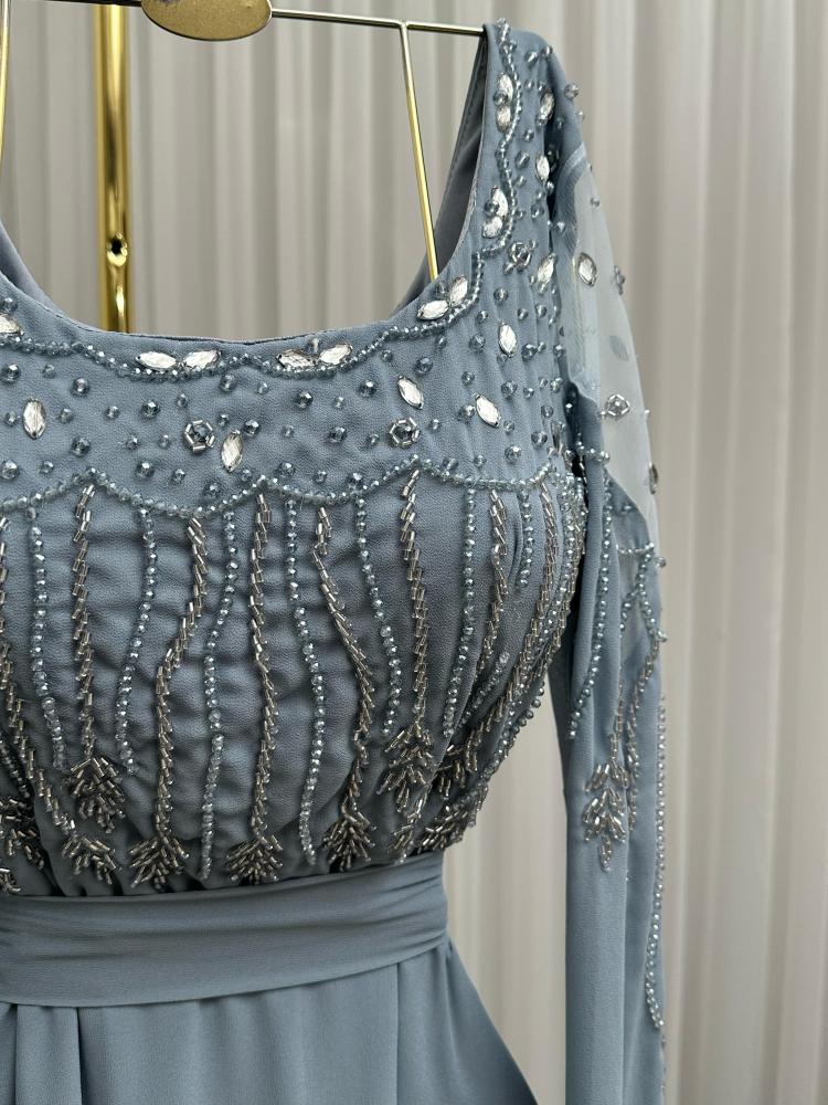 Evening dress, purple and sky blue colors, material chiffon georgette, hand embroidery, elegant LS