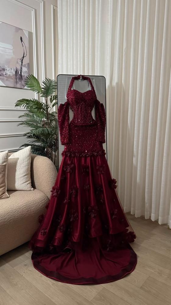 Evening dress in flesh color with beaded embroidery, crystal flower embroidery, cut lace, beaded tulle, tulle, from Jowhara MN D LA store