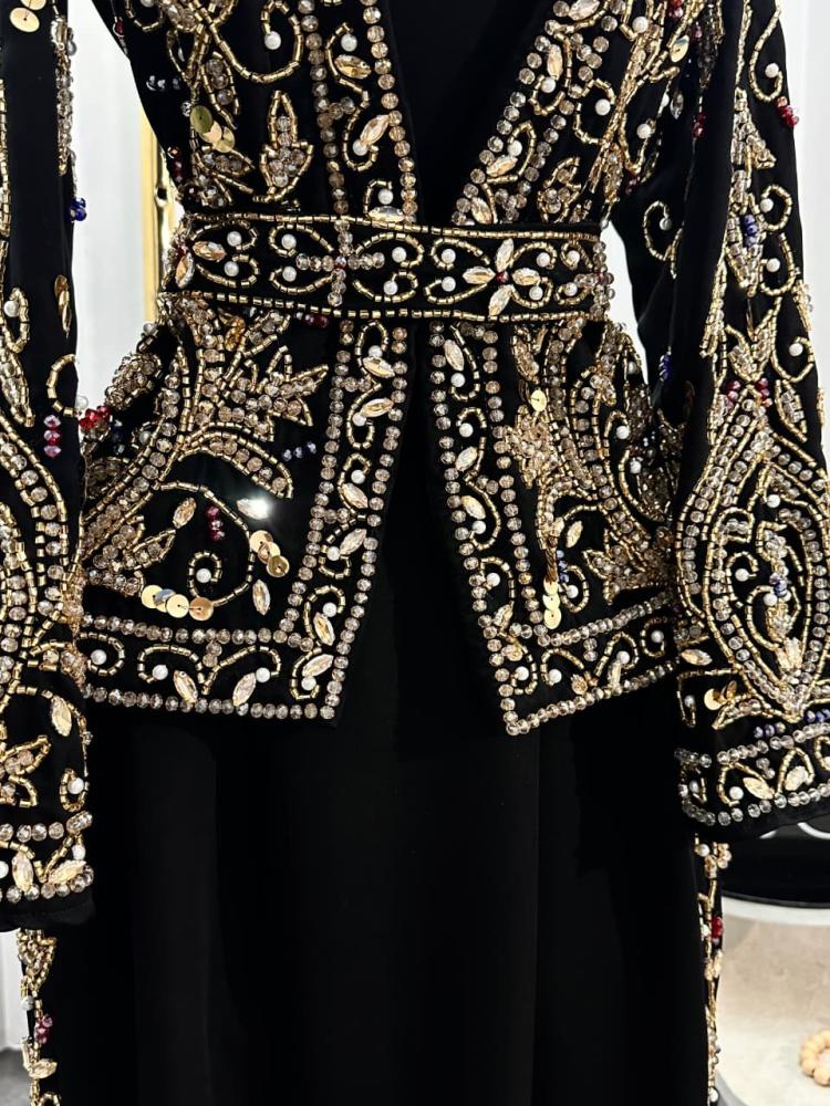 Evening dress black color hand embroidery elegant on fabric decorated with rhinestones and zircon stones from Jowhara LF MA store