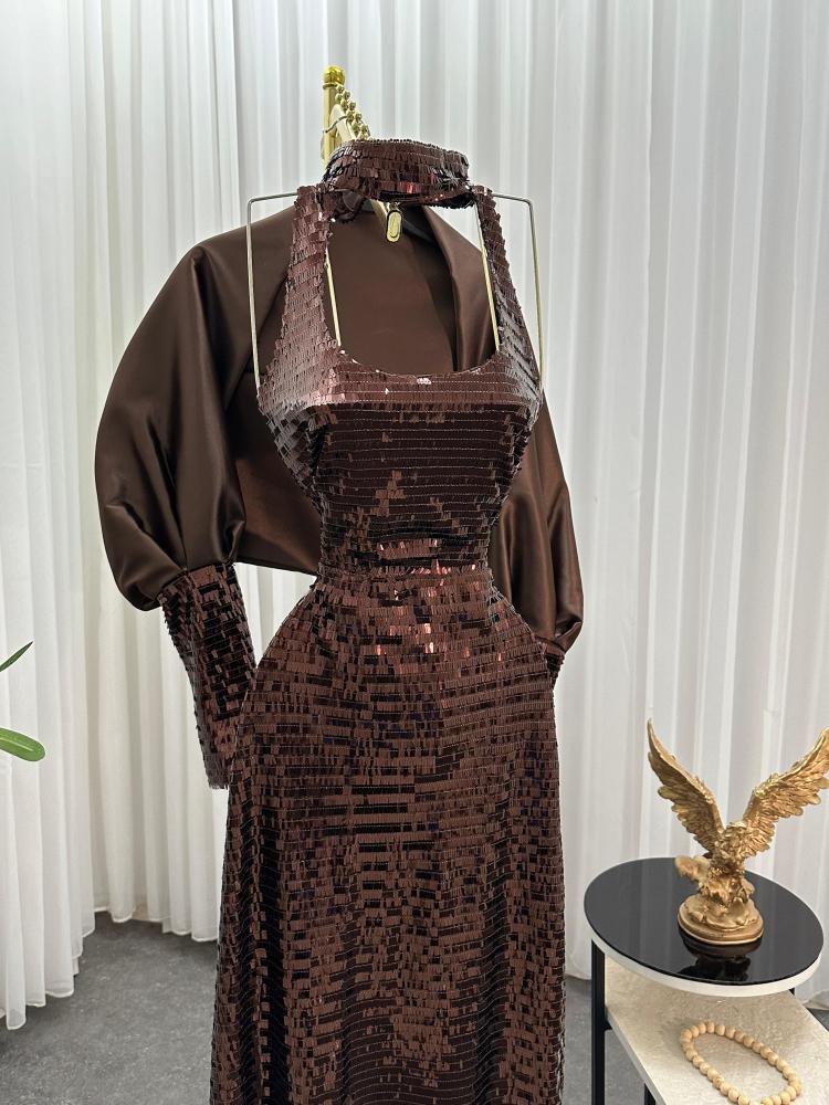 Evening dress color brown sequins strips lining double shawl from Jewel store QN