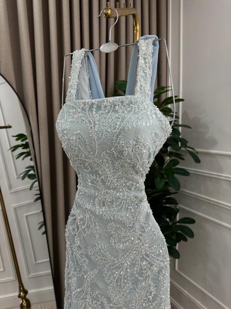 Evening dress in sky blue color, raw material, taffeta, lined with lace embroidery and chiffon from Jewelery LS store